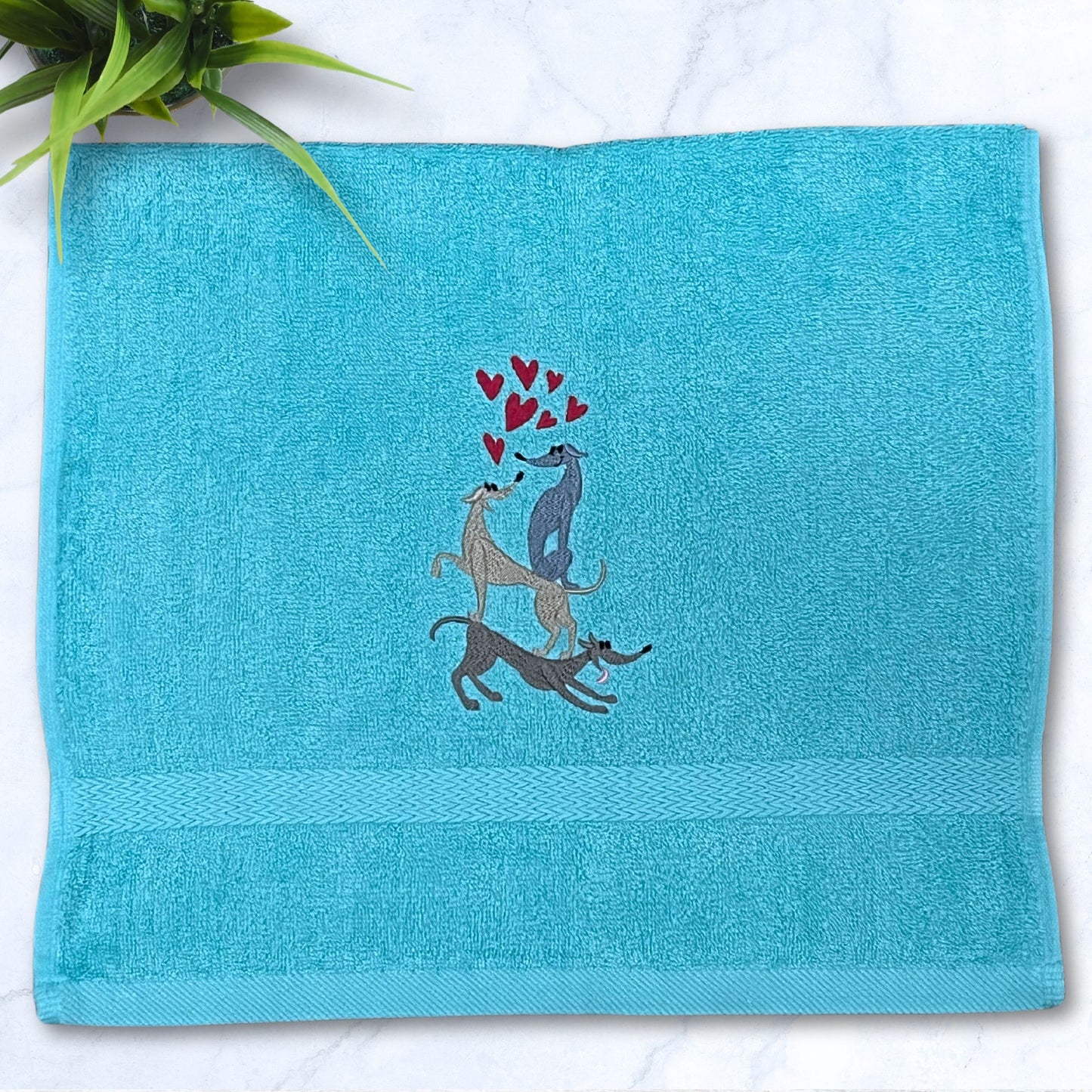 Stacked Hounds with Hearts Italian Greyhound Whippet Aqua Hand Towel