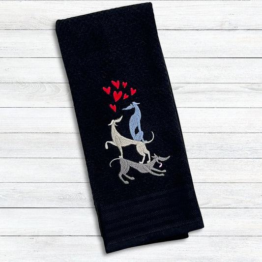 Stacked Hounds with Hearts Italian Greyhound Whippet Black Kitchen Hand Towel