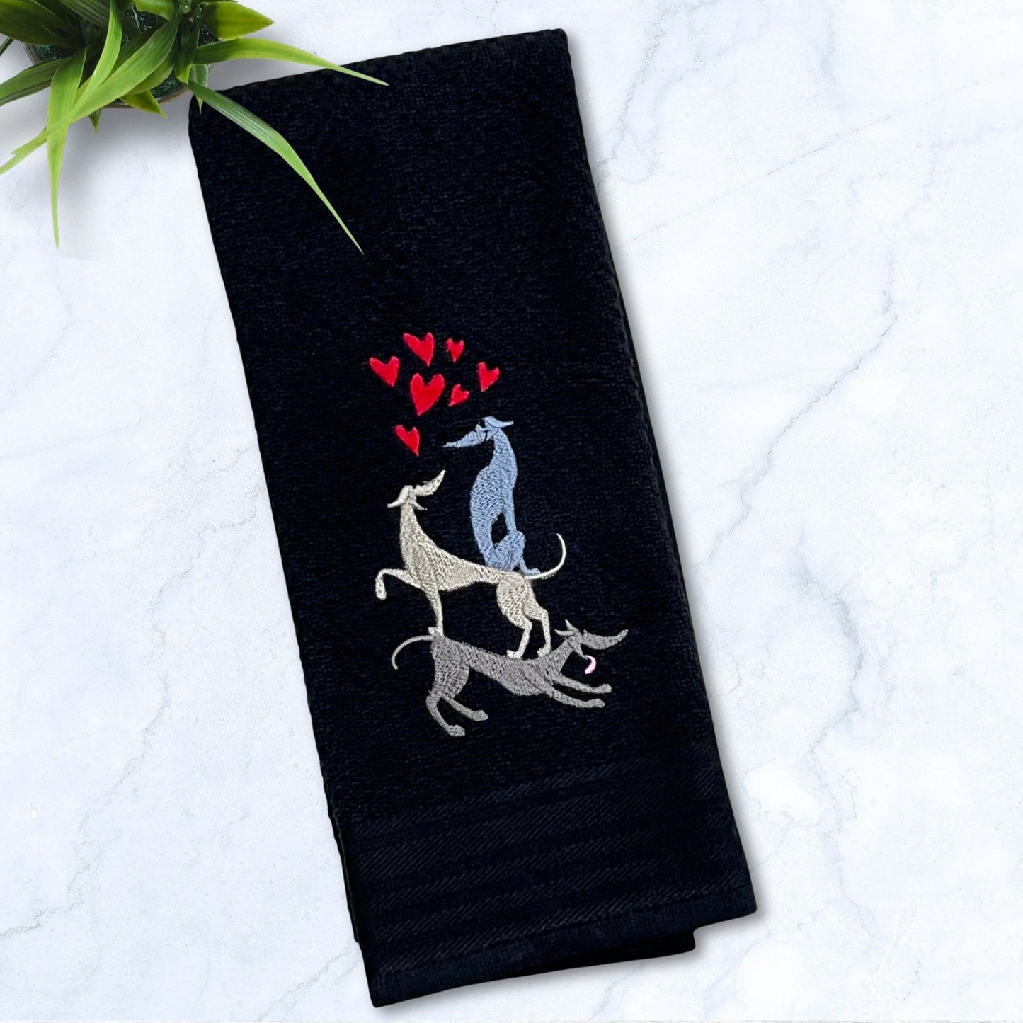 Stacked Hounds with Hearts Italian Greyhound Whippet Black Kitchen Hand Towel