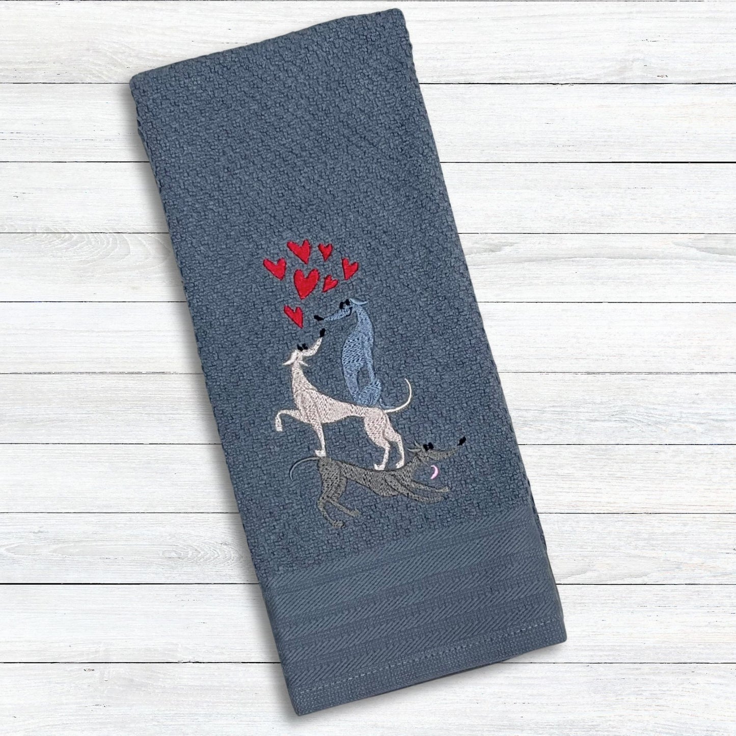 Stacked Hounds with Hearts Italian Greyhound Whippet Grey Kitchen Hand Towel