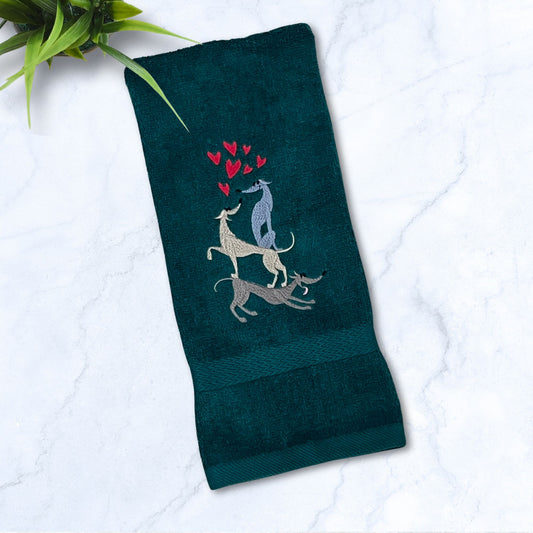 Stacked Hounds with Hearts Italian Greyhound Whippet Hunter Green Hand Towel