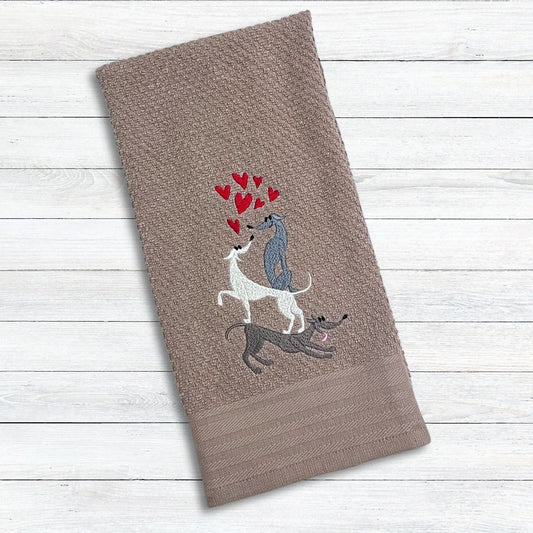 Stacked Hounds with Hearts Italian Greyhound Whippet Tan Kitchen Hand Towel