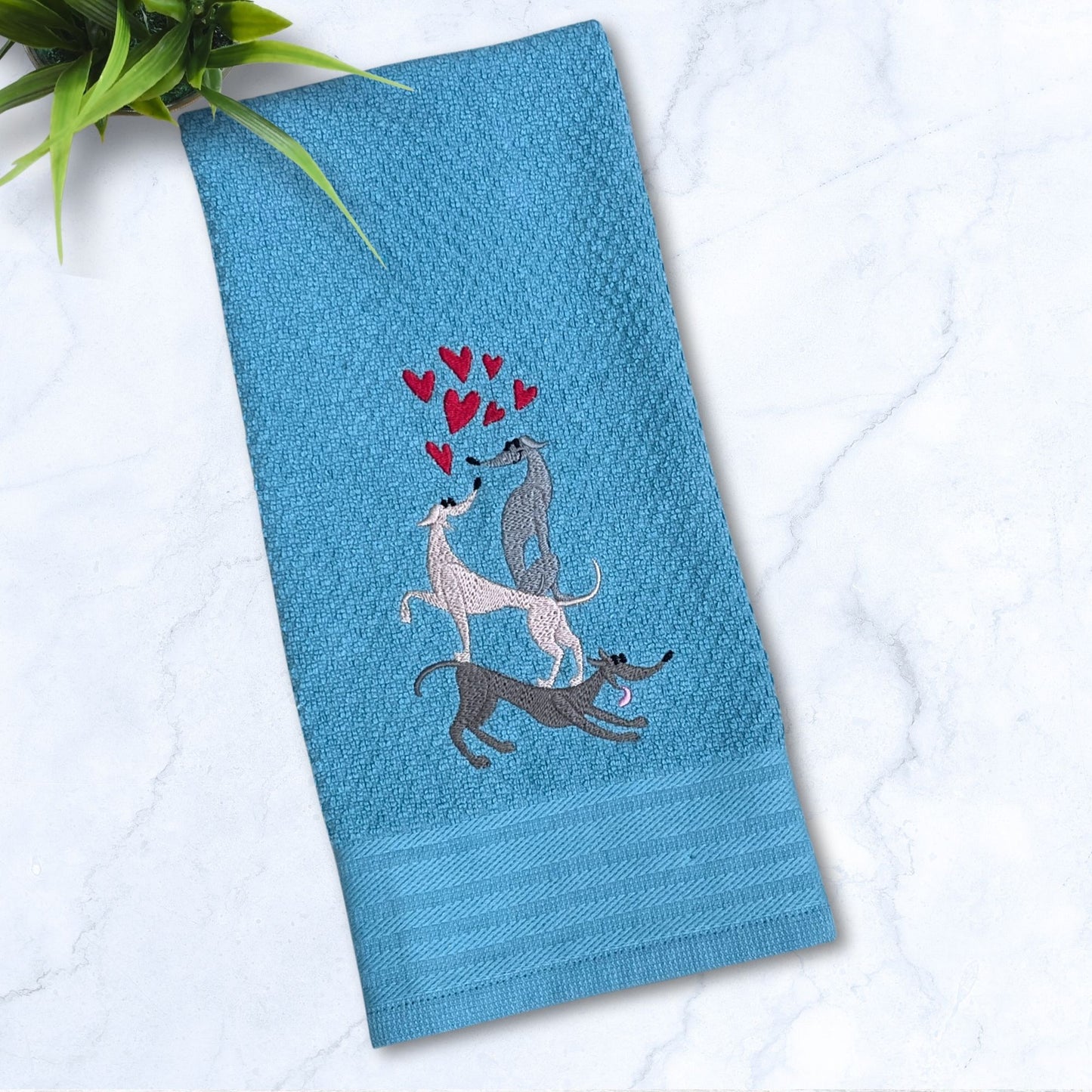 Stacked Hounds with Hearts Italian Greyhound Whippet Turquoise Kitchen Hand Towel