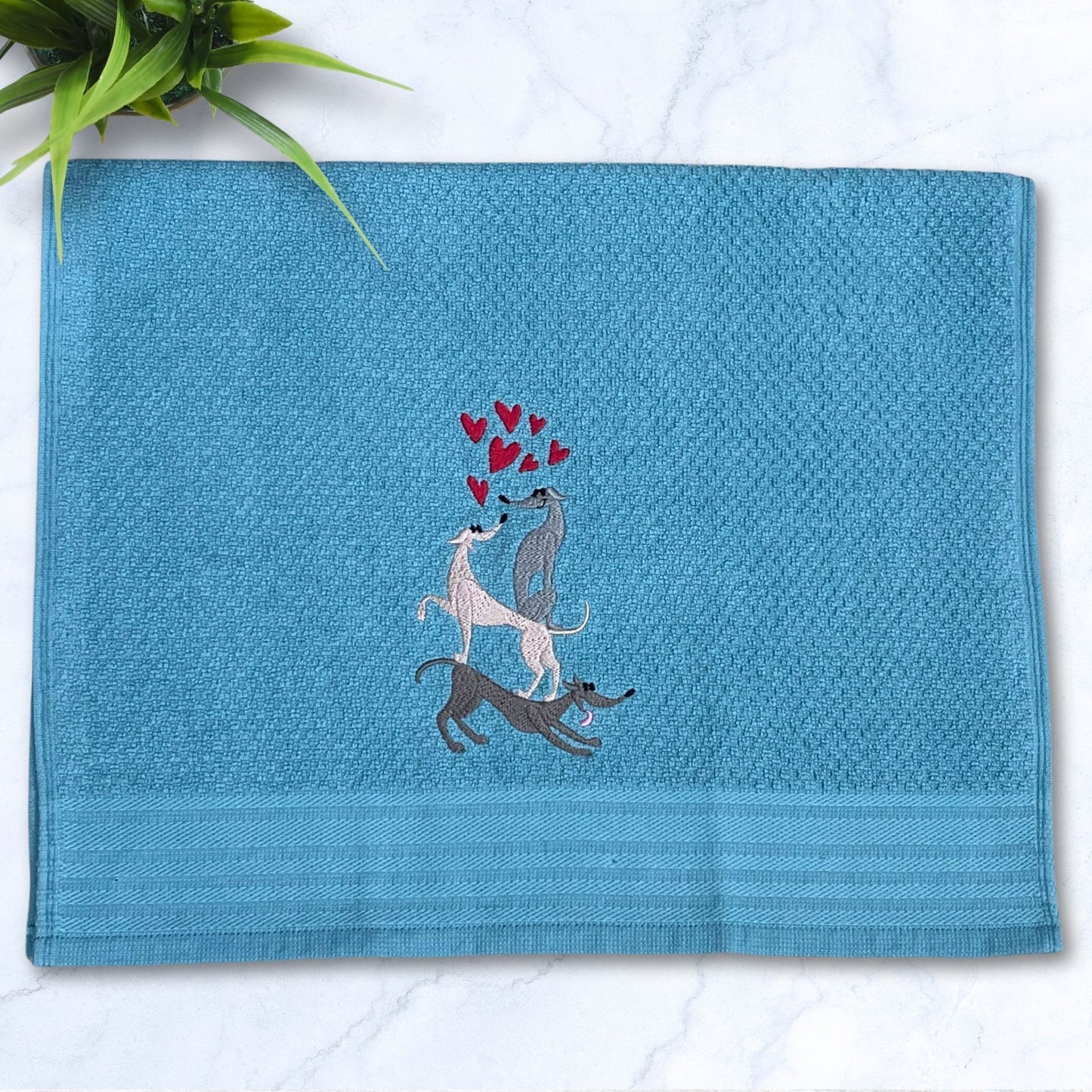 Stacked Hounds with Hearts Italian Greyhound Whippet Turquoise Kitchen Hand Towel