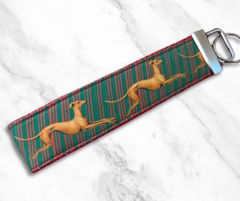 Key Leash - Greyhound Holiday Hounds Stripe on Red Sparkle 10"