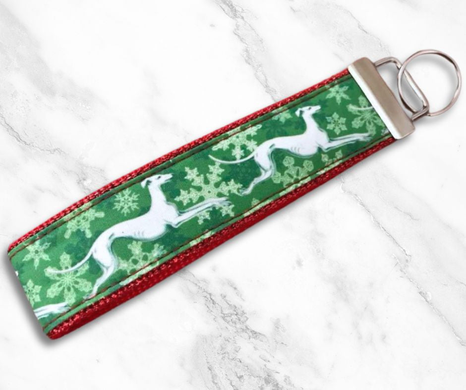 Key Leash - Greyhound Snowflake Hounds Green on Red Sparkle 10"