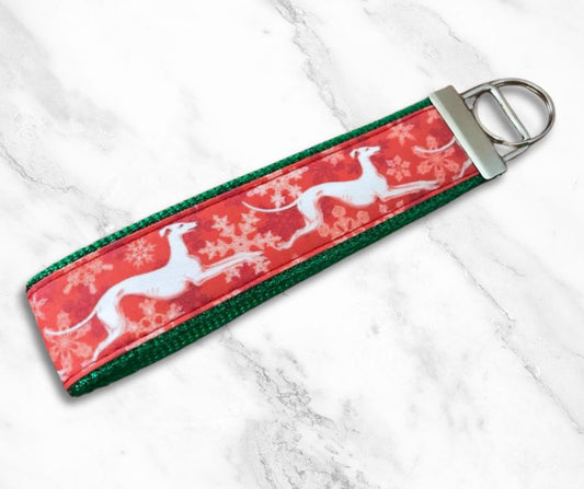 Key Leash - Greyhound Snowflake Hounds Red on Green Sparkle 10"