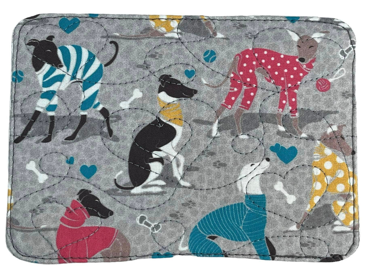 Mug Rug - Whippets in Jammies Italian Greyhounds Grey Quilted Hearts
