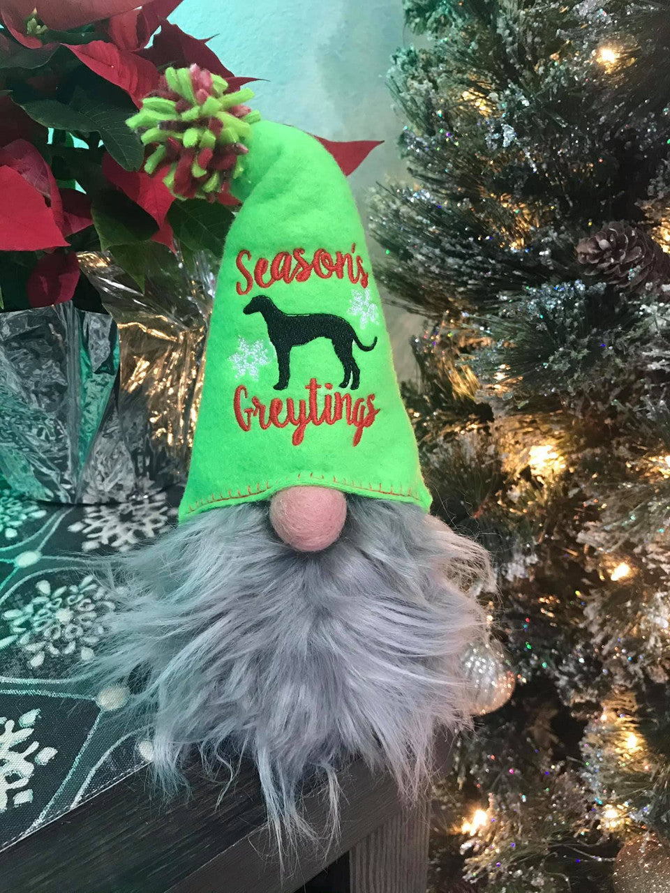Hound Loving Gnome with Season's Greytings Greyhound Lime Cone Hat