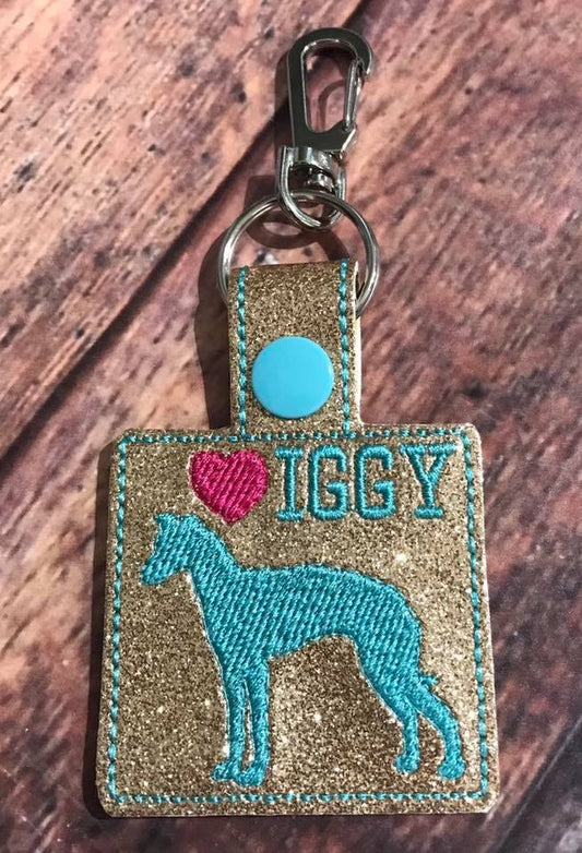 Bag Tag Novelty Keyfob - Iggy Love Square Gold Glitter