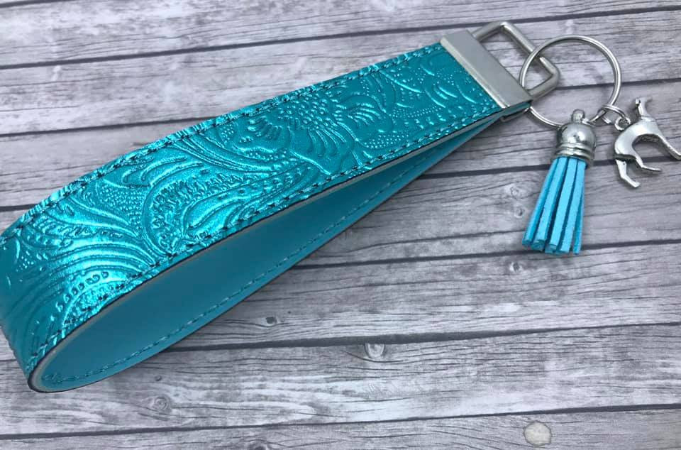 Key Leash - Turquoise Faux Tooled Leather with Greyhound Charm 10"
