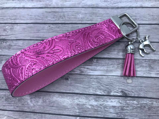 Key Leash - Pink Faux Tooled Leather with Greyhound Charm 10"