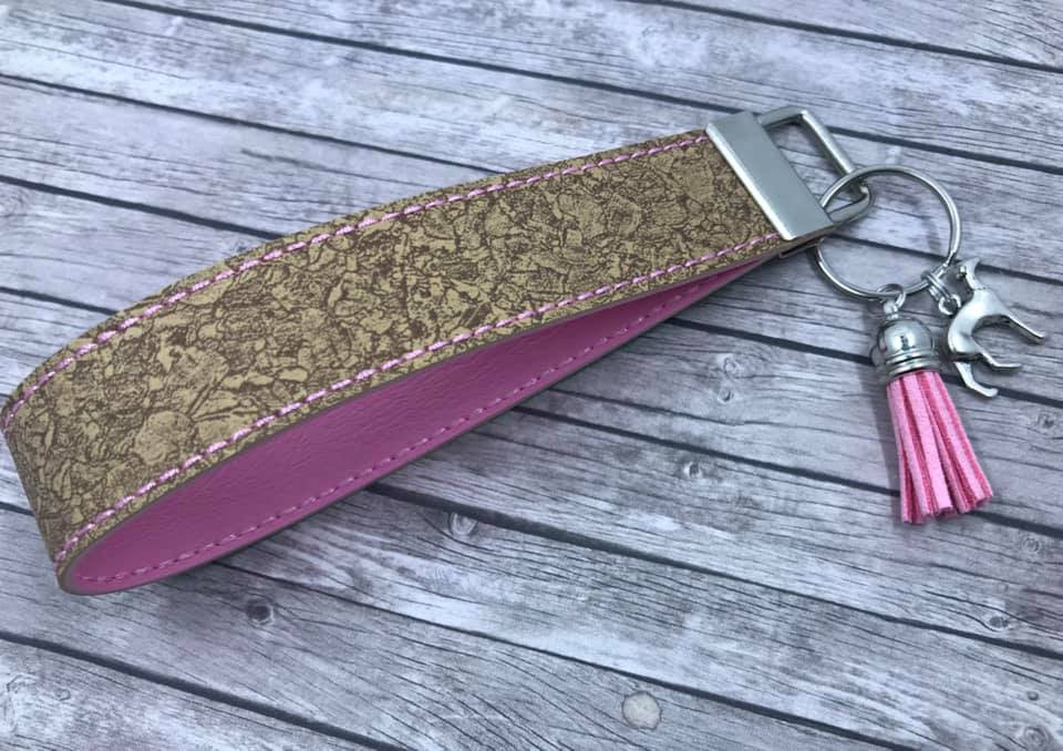 Key Leash - Cork Pleather / Pink with Greyhound Charm 10"