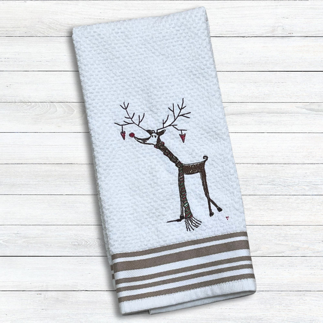Grey-ndeer Reindeer White/Tan Stripes Kitchen Hand Towel