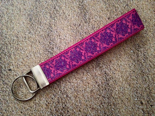 Key Leash - Damask Glitter Hot Pink/Purple 10"