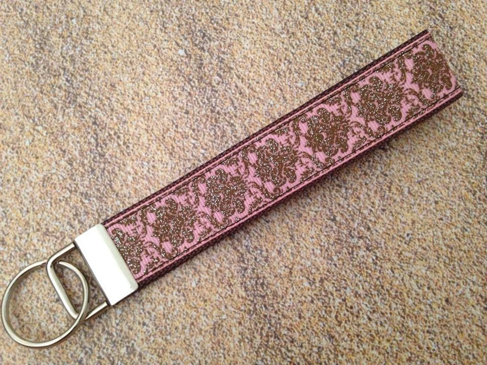 Key Leash - Damask Glitter Light Pink/Brown 10"