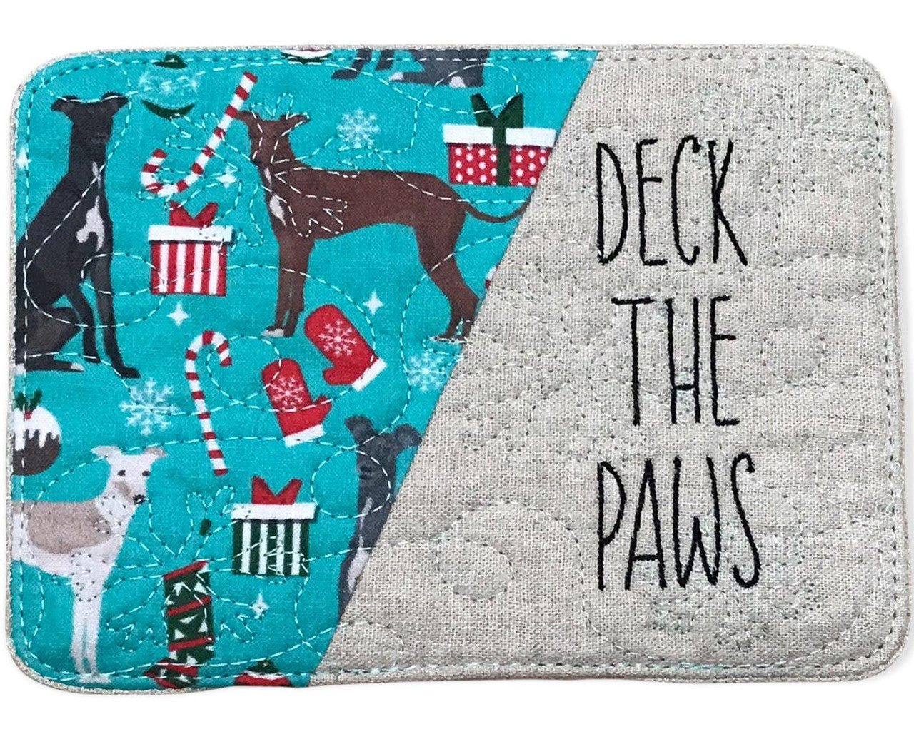 Mug Rug - Deck The Paws Italian Greyhounds Turquoise / Natural Quilted Snowflakes