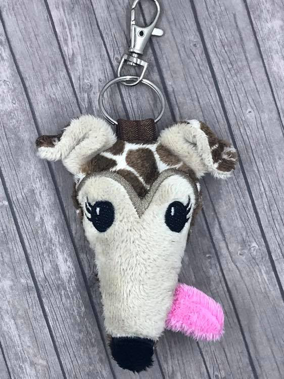 Houndie Head Bag Tag Key Fob Giraffe with Tan Mask Eyelashes Tongue