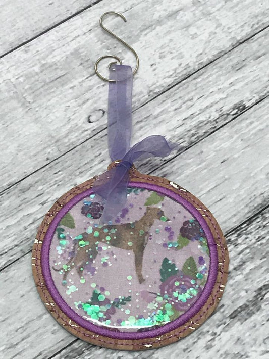 Ornament Glitter Hound and Roses Lavender with Swirl Hanger