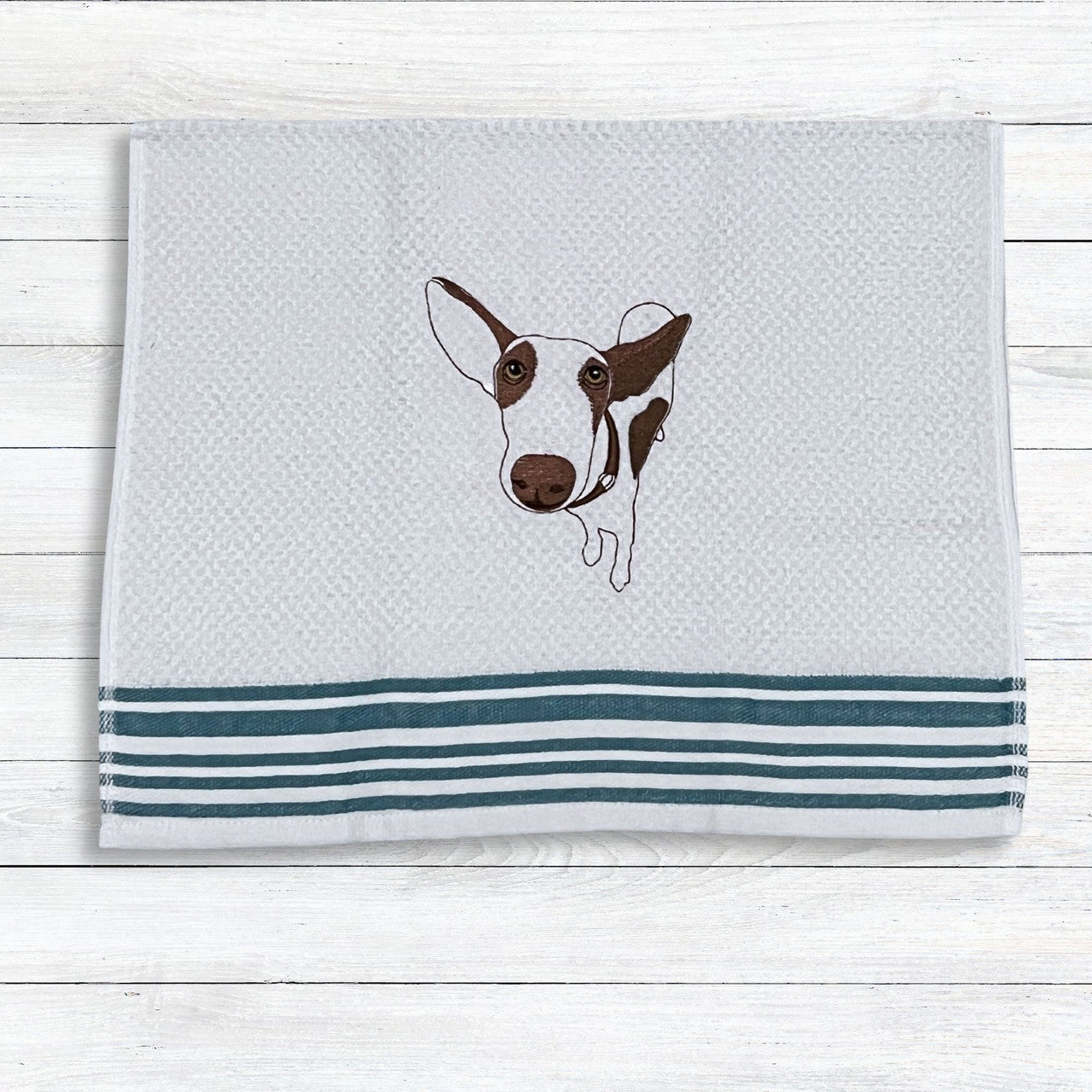 Podenco Ibizan Hound White/Turquoise Stripes Kitchen Hand Towel