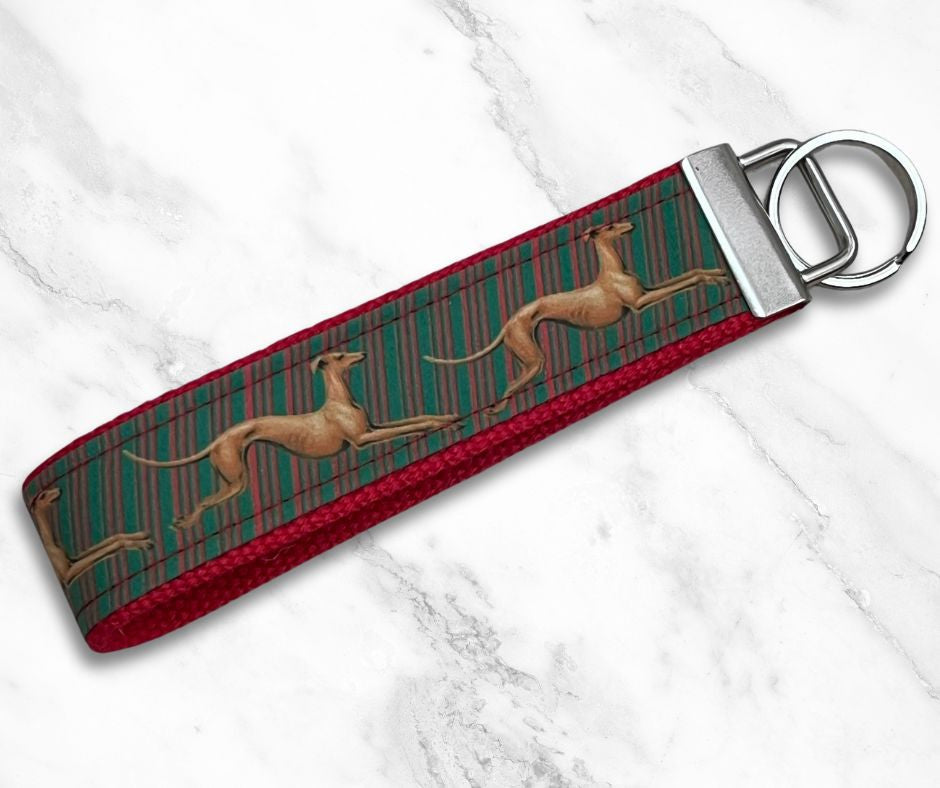 Key Leash - Greyhound Holiday Hounds Stripe on Red 10"