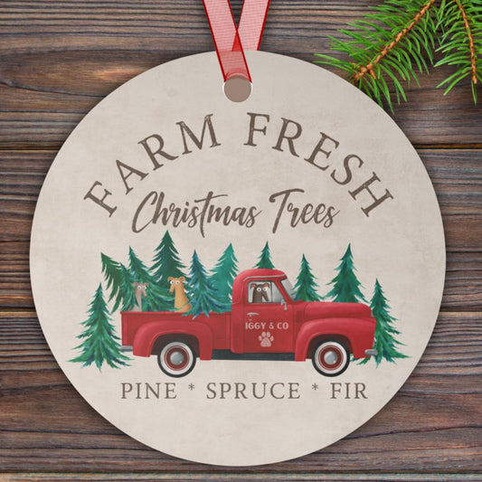 Personalized Farm Fresh Christmas Trees Iggy & Co Vintage Red Truck Christmas Holiday Ornament