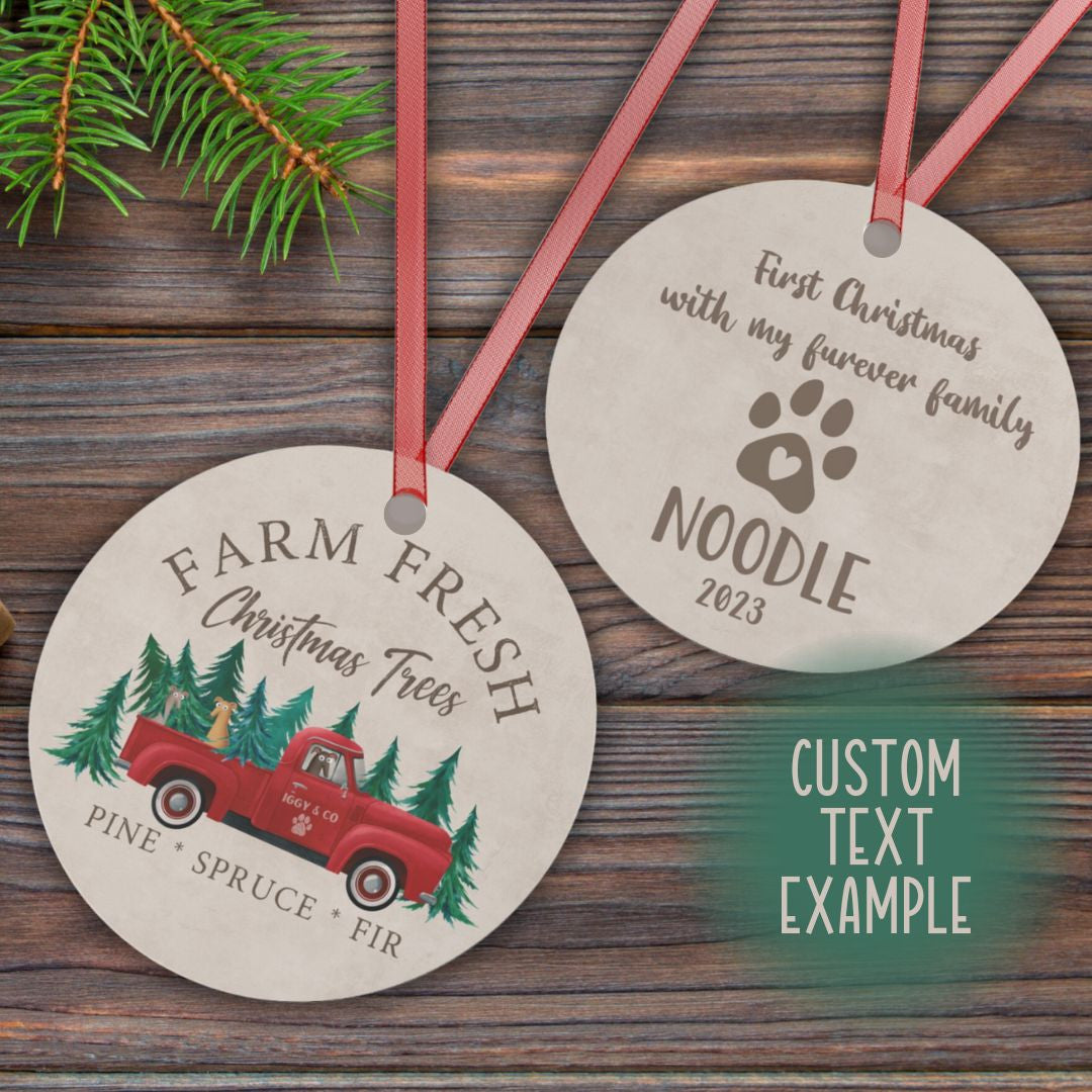 Personalized Farm Fresh Christmas Trees Iggy & Co Vintage Red Truck Christmas Holiday Ornament