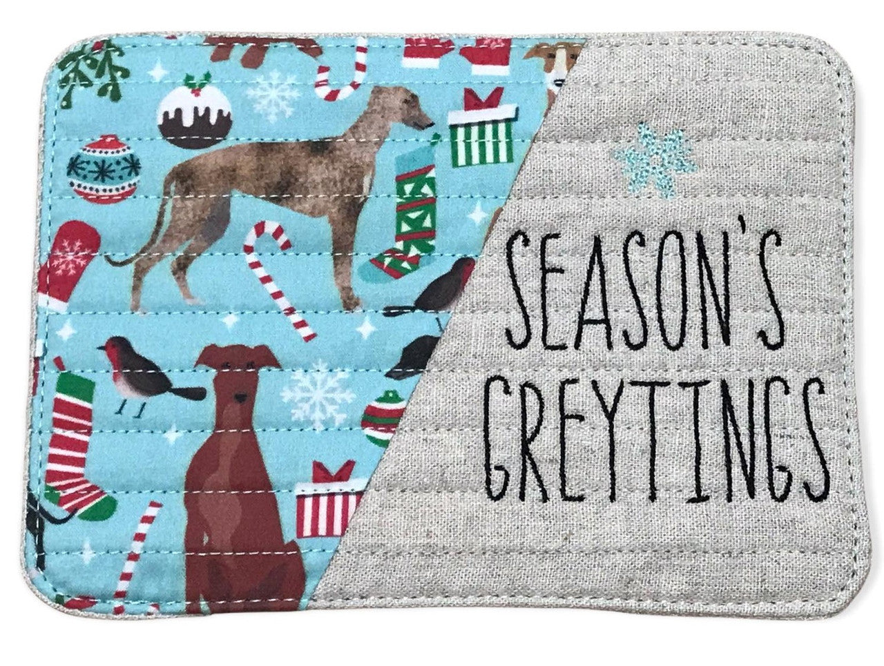 Mug Rug - Season's Greytings Greyhounds Blue / Natural Quilted Lines