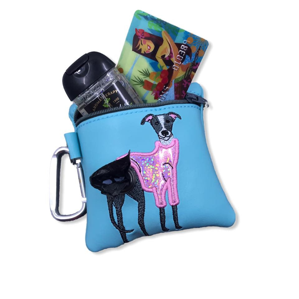 Poopie Pouch - Greyhound in Pink Sweater Aqua LINED